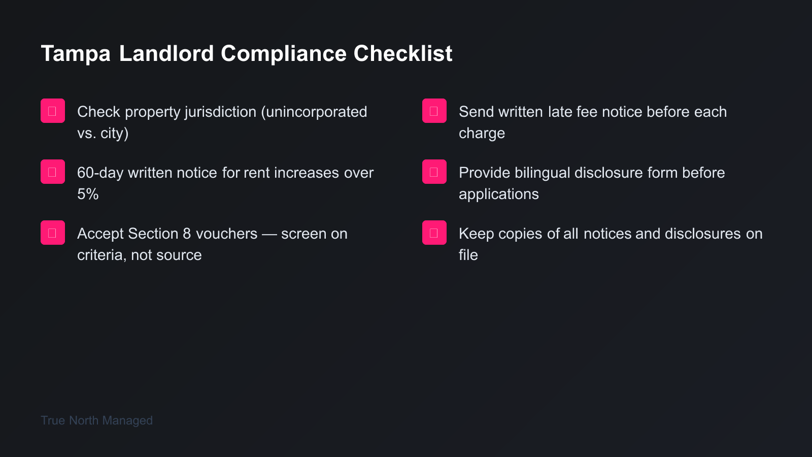 Six-item compliance checklist for Tampa landlords