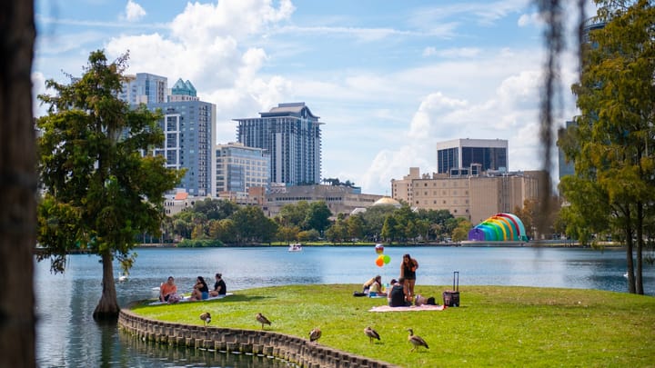 Orlando lakefront skyline with apartments and palm trees